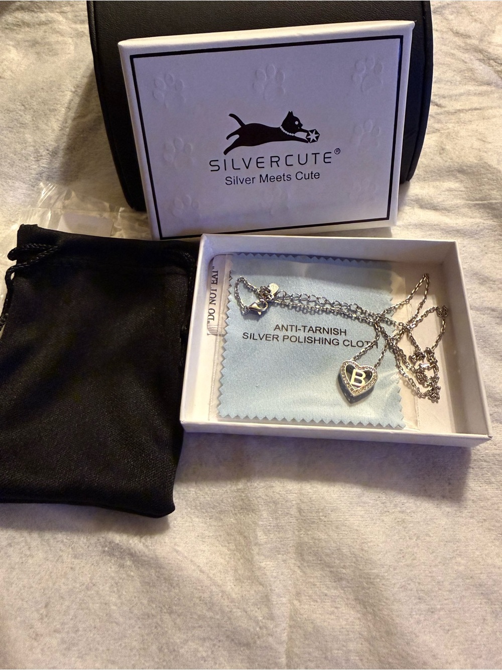 NIB SilverCute 925 Sterling Silver Initial "B" Heart Necklace Set